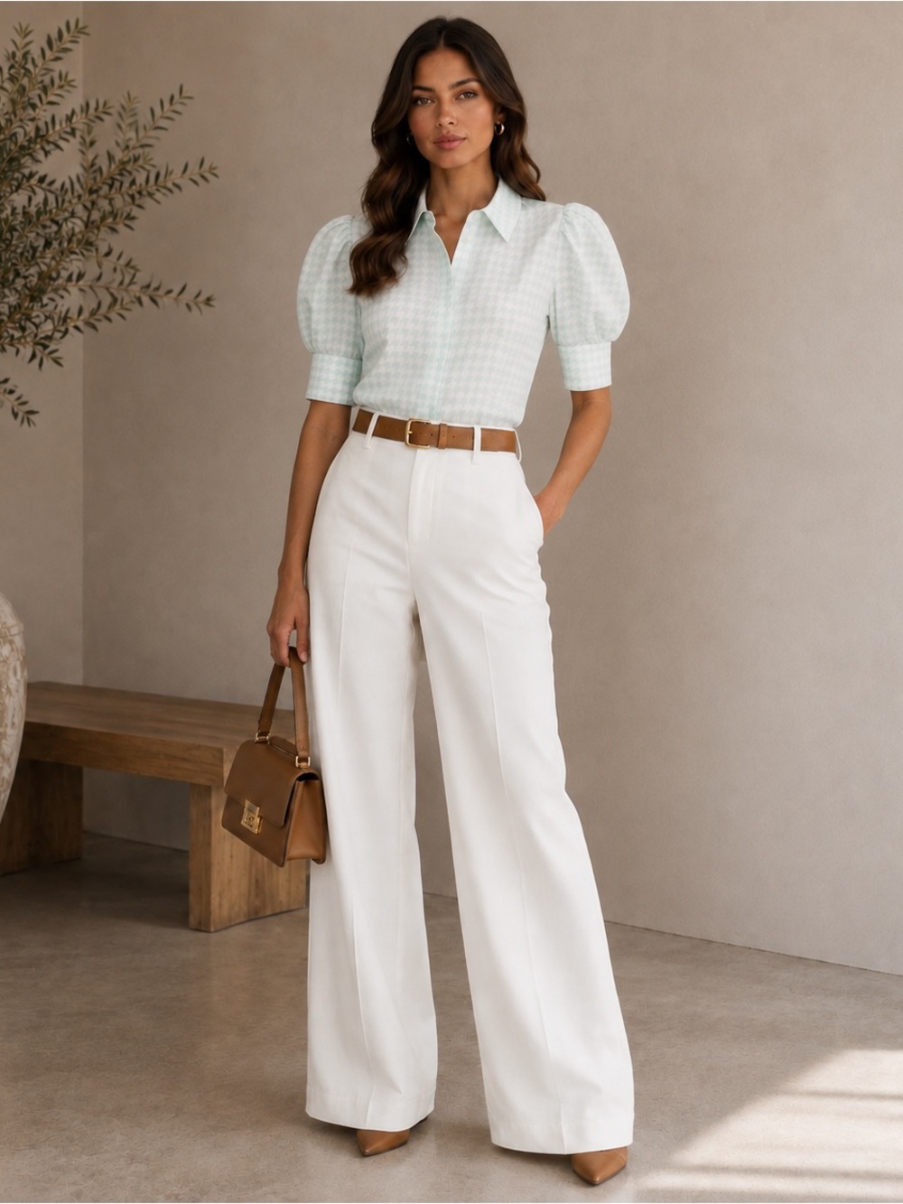 Alice + Olivia Willa Silk Blouse L Blue Houndstooth Puff Sleeve Button Up